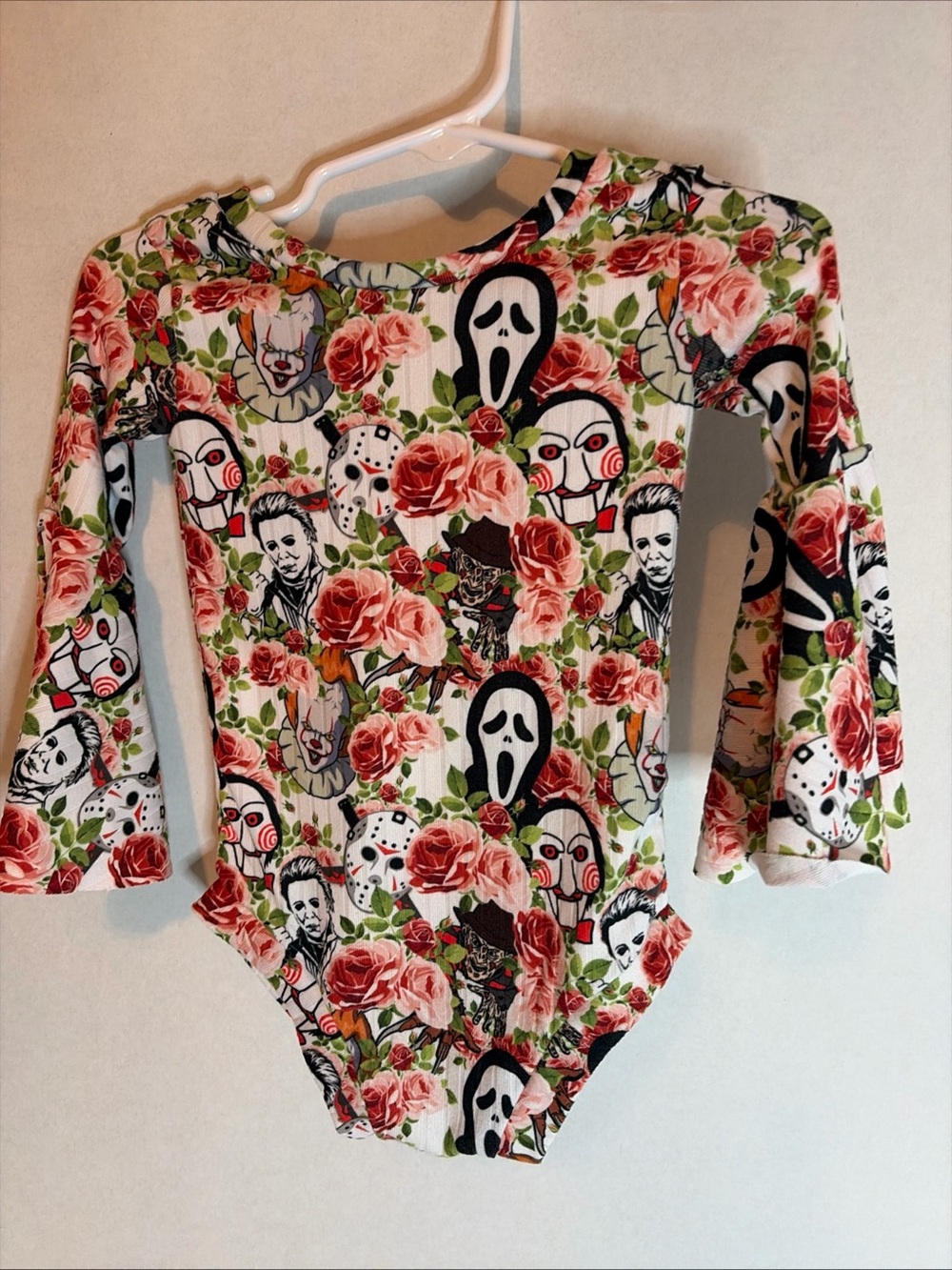 Kids Long-Sleeve Floral & Horror Mask One-Piece Bodysuit - Pink Rose